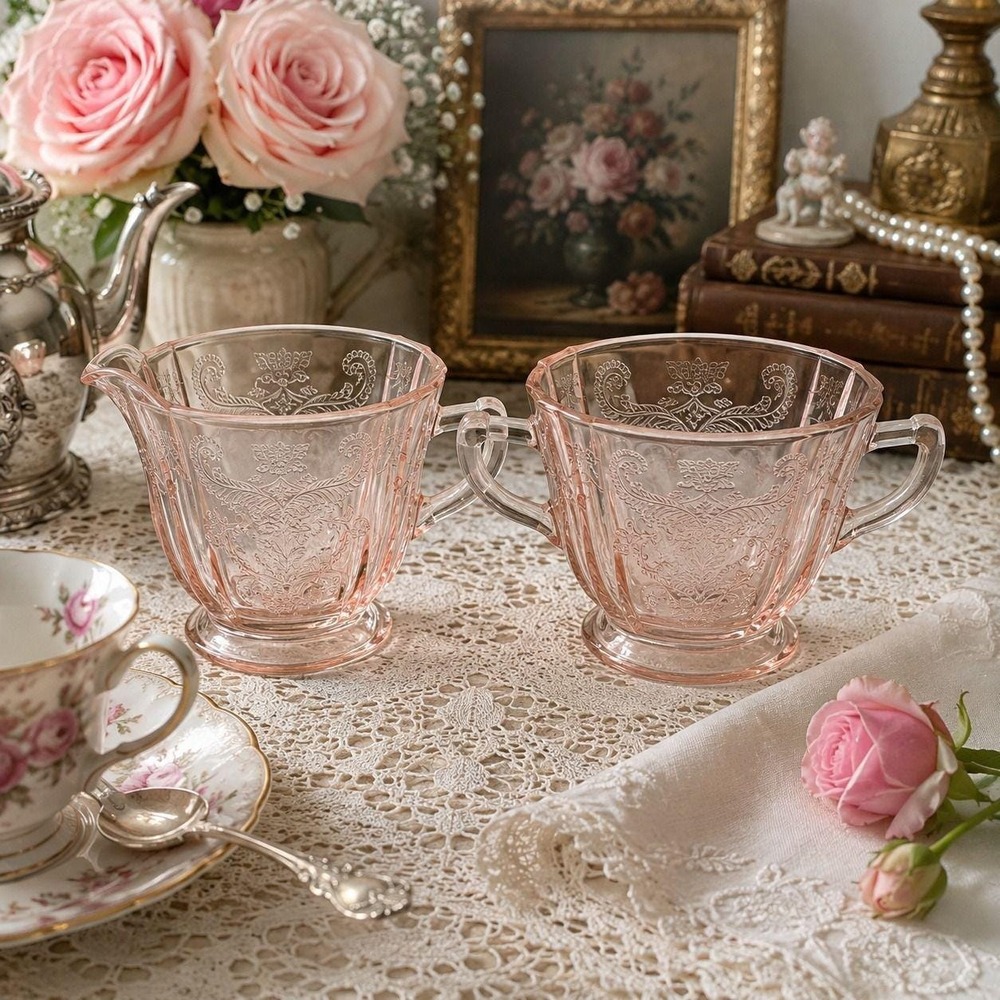 Vintage Indiana Glass Madrid Pink Creamer Sugar Bowl Recollection Set